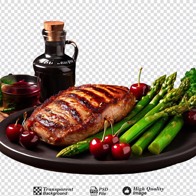 PSD barbecued turkey breast and green asparagus and cherries isolated