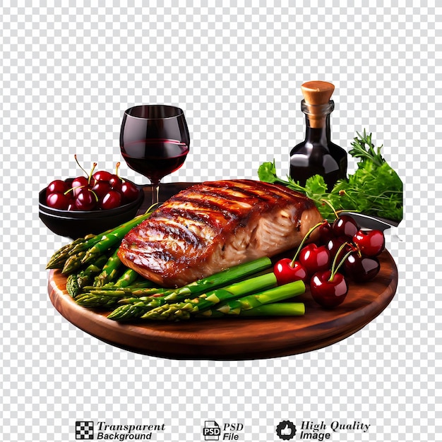 PSD barbecued turkey breast and green asparagus and cherries isolated