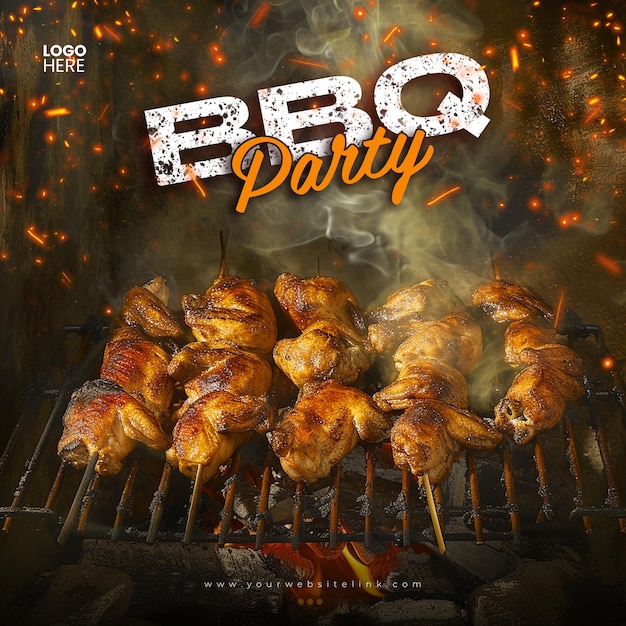 PSD barbecue bbq party pollo sul fuoco disegno modello di post sui social media