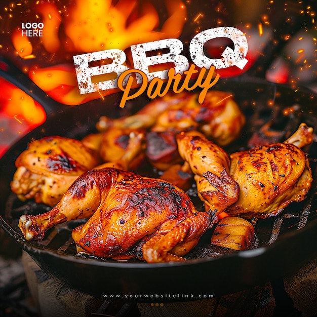 PSD barbeque bbq party chicken on fire social media post template design