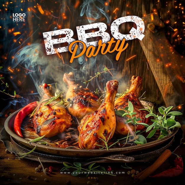 PSD barbeque bbq party chicken on fire social media post template design