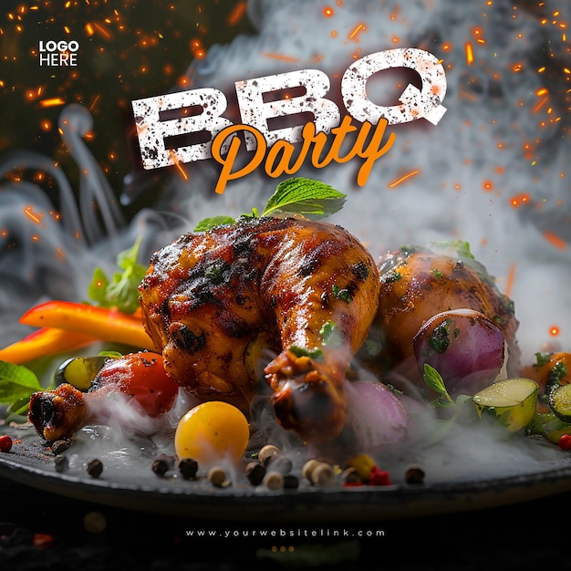 PSD barbeque bbq party chicken on fire social media post template design