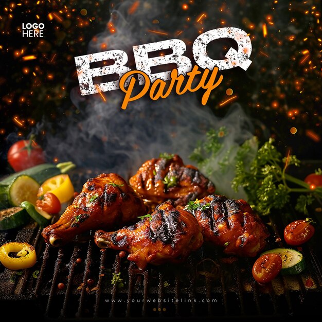 PSD barbeque bbq party chicken on fire social media post template design