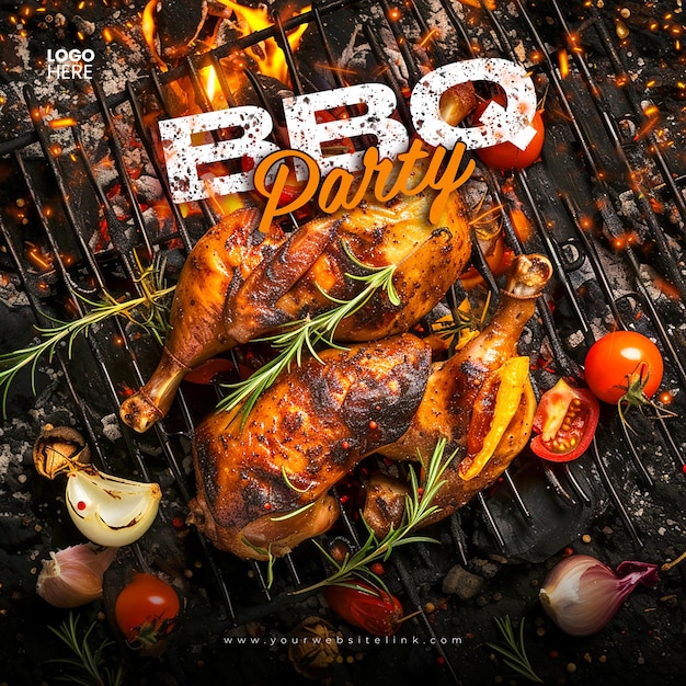 Barbeque bbq party chicken on fire social media post template design