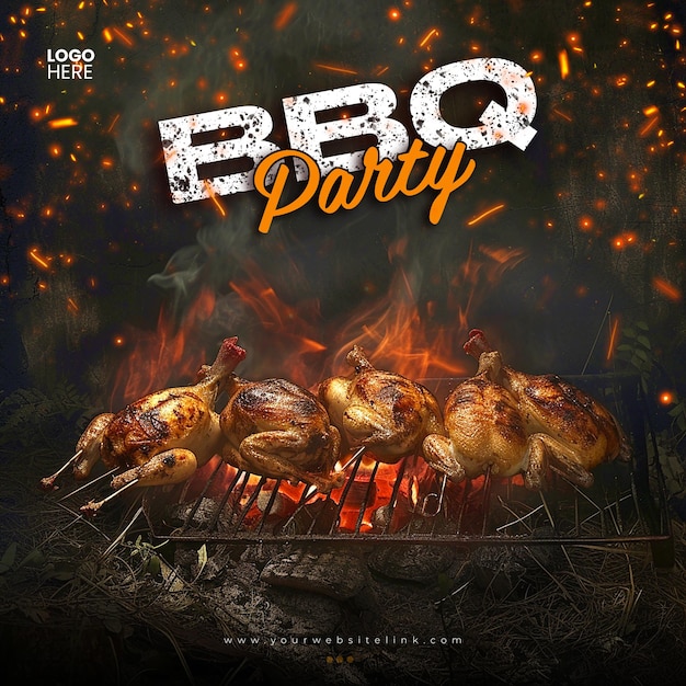 PSD barbeque bbq party chicken on fire social media post template design