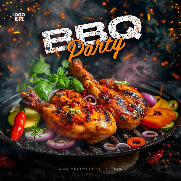 PSD barbeque bbq party chicken on fire social media post template design