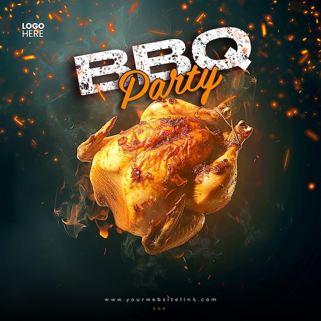 PSD barbeque bbq party chicken on fire social media post template design