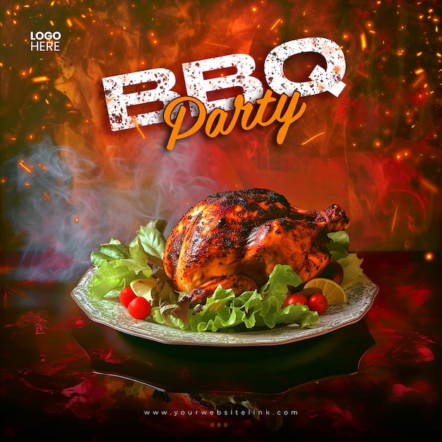 PSD barbeque bbq party chicken on fire social media post template design