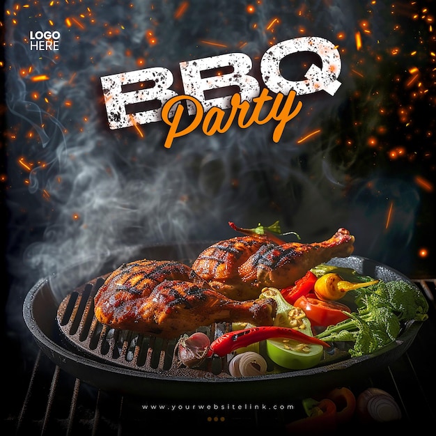 PSD barbeque bbq party chicken on fire social media post template design