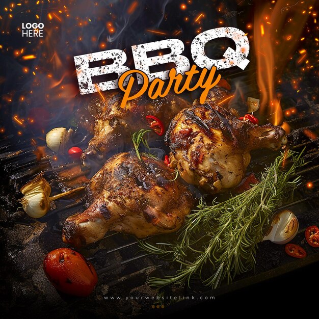 Barbeque bbq party chicken on fire social media post template design