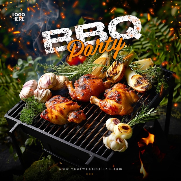 PSD barbeque bbq party chicken on fire social media post template design