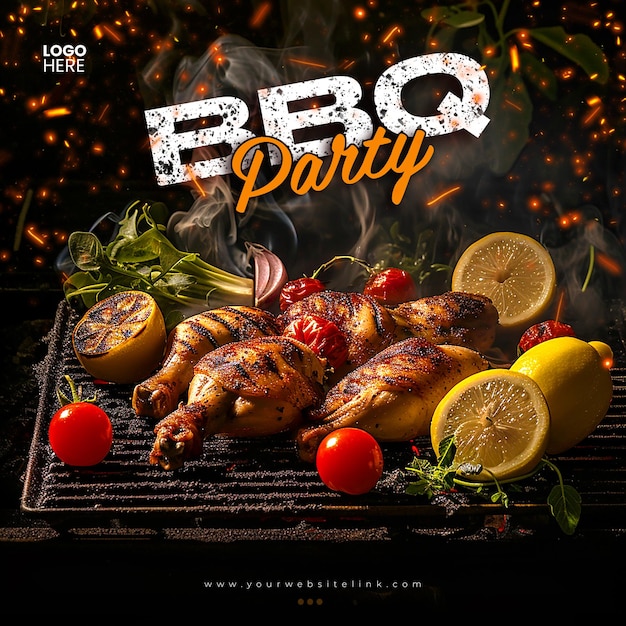 PSD barbeque bbq party chicken on fire social media post template design