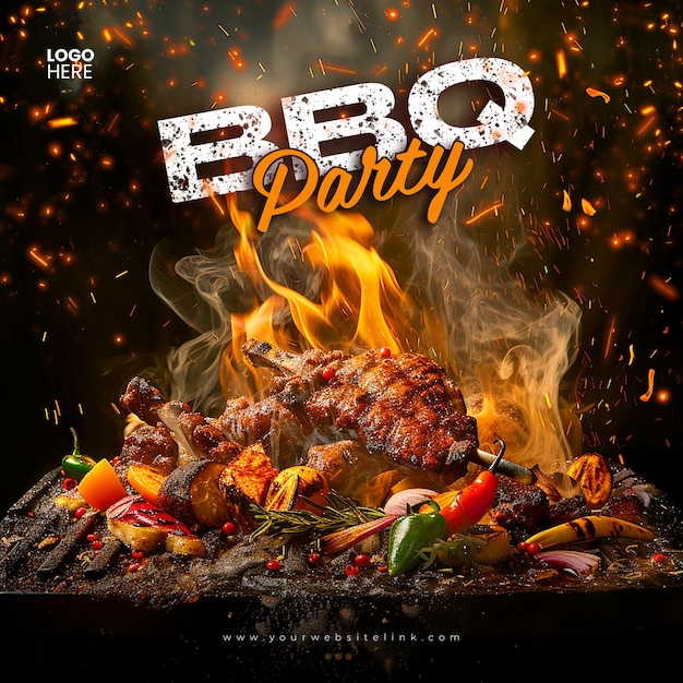 Barbeque bbq party chicken on fire social media post template design