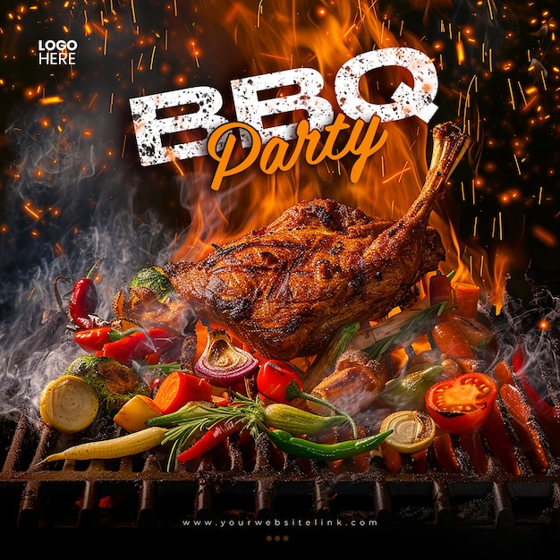 PSD barbeque bbq party chicken on fire social media post template design