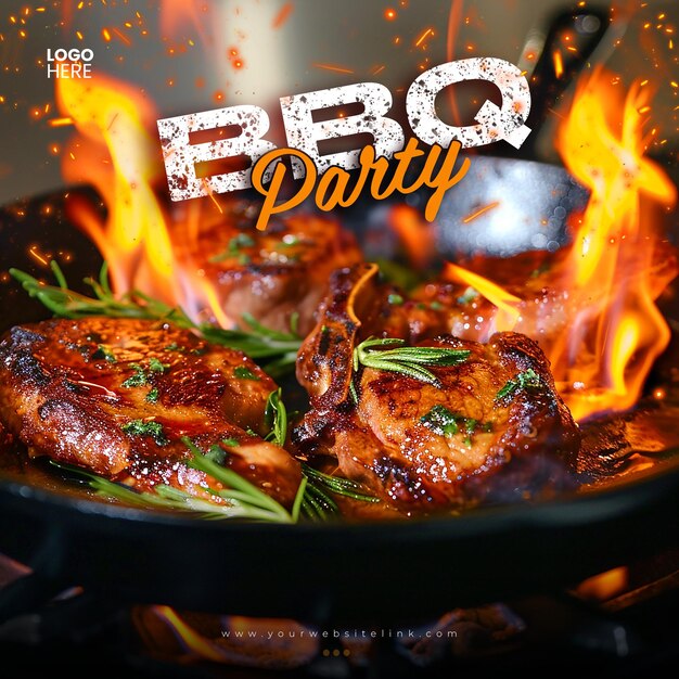 Barbeque bbq party chicken on fire social media post template design