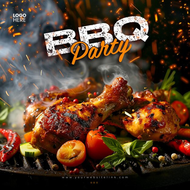 PSD barbeque bbq party chicken on fire social media post template design