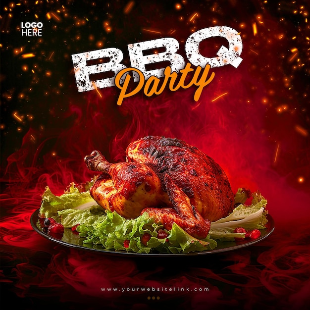 PSD barbeque bbq party chicken on fire social media post template design