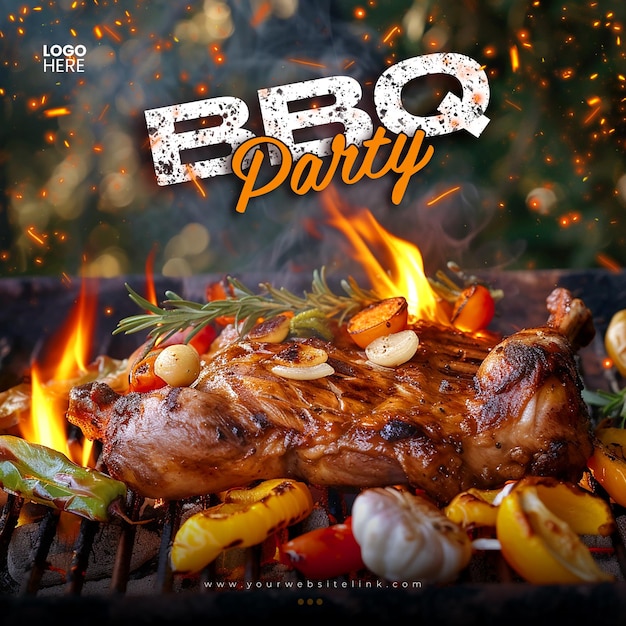 PSD barbeque bbq party chicken on fire social media post template design