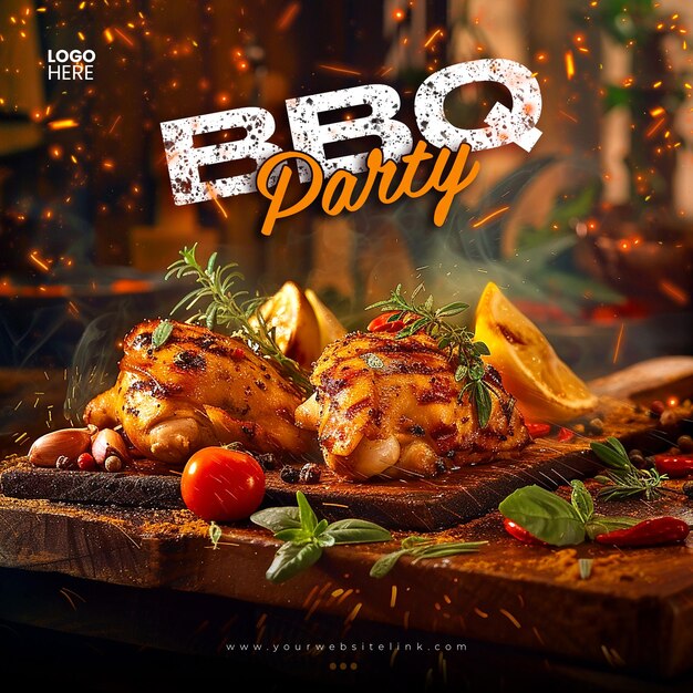 PSD barbeque bbq party chicken on fire social media post template design