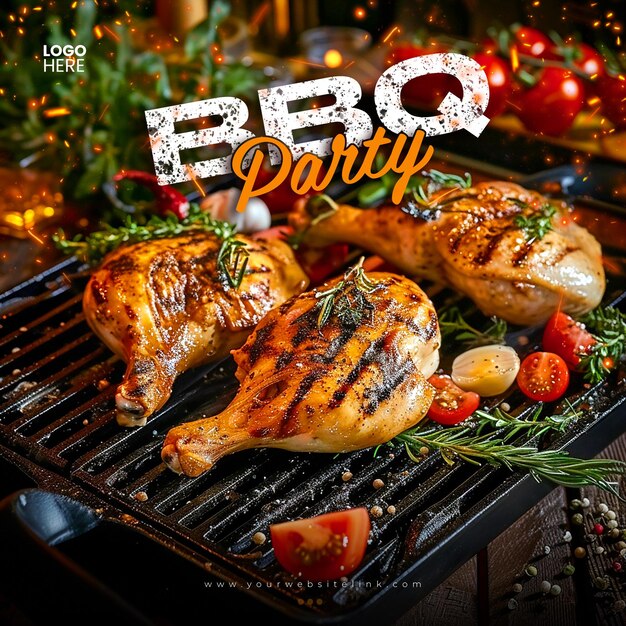 PSD barbeque bbq party chicken on fire social media post template design