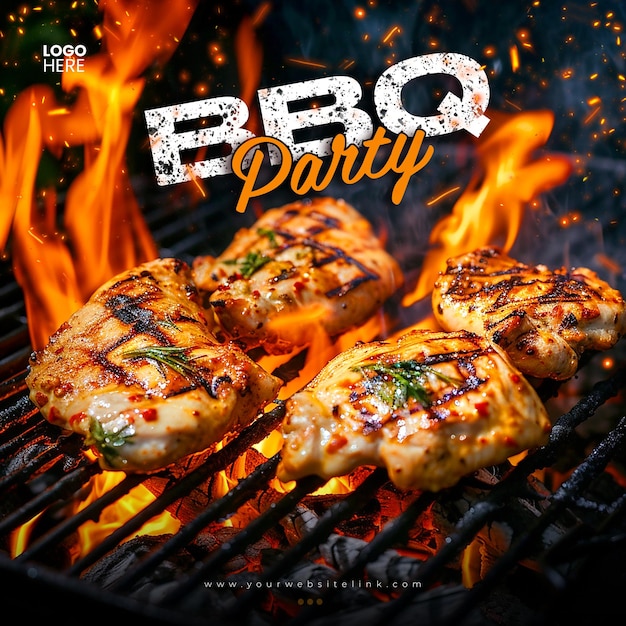 PSD barbeque bbq party chicken on fire social media post template design