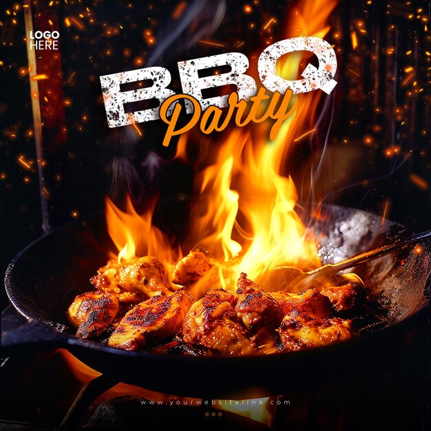 PSD barbeque bbq party chicken on fire social media post template design