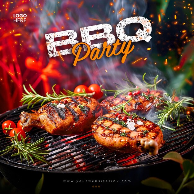 PSD barbeque bbq party chicken on fire social media post template design