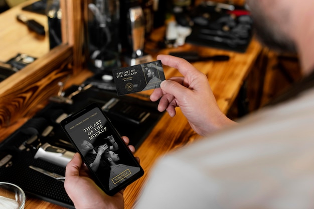 PSD barber shop with smartphone mock-up