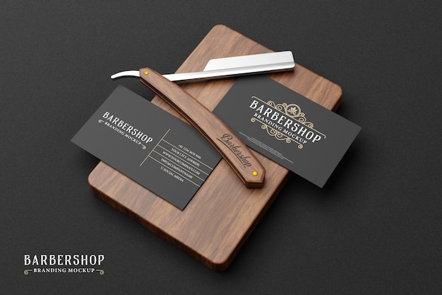 Barbershop branding mockup in dark theme