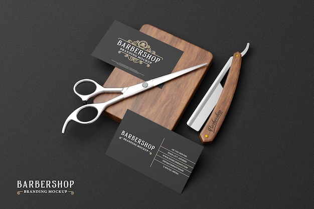 PSD barbershop branding mockup in dark theme