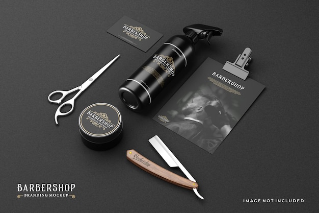 PSD barbershop branding mockup in dark theme