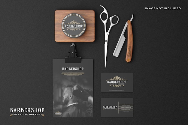 PSD barbershop branding mockup in dark theme