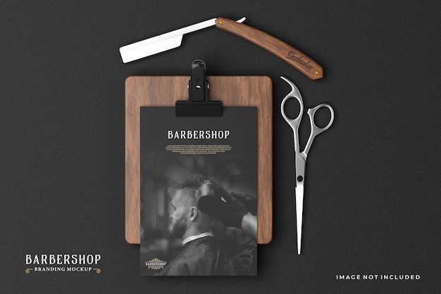 Barbershop branding mockup in dark theme