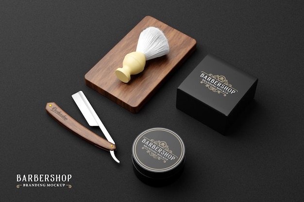 Barbershop branding mockup in donker thema