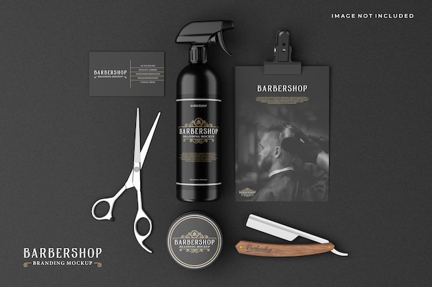 PSD barbershop branding mockup in donker thema