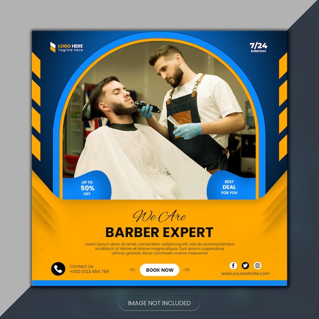 PSD barbershop hair cutting instagram post and social media banner new design template