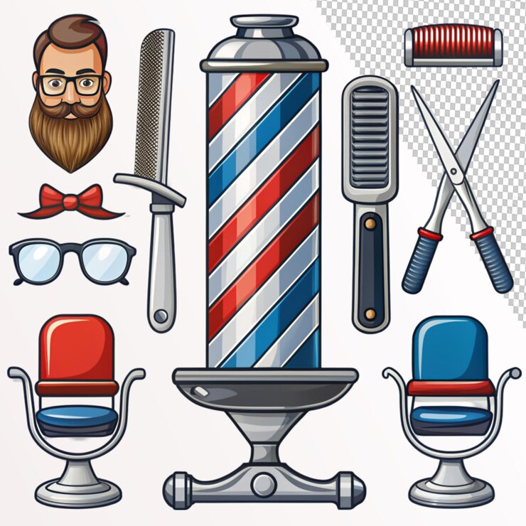 PSD barbershop icon set on transparent background