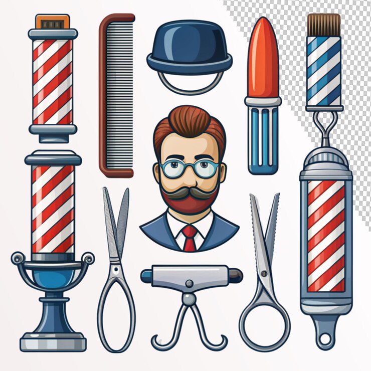 PSD barbershop icon set on transparent background