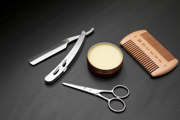 PSD barbershop tools assortment mockup