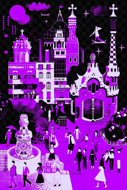 PSD barcelona with whimsical street scene and park guell gaudi b psd vector tshirt tattoo ink scape art