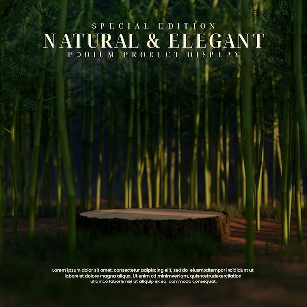 PSD bark podium in dramatic bamboo forest scene for product presentation