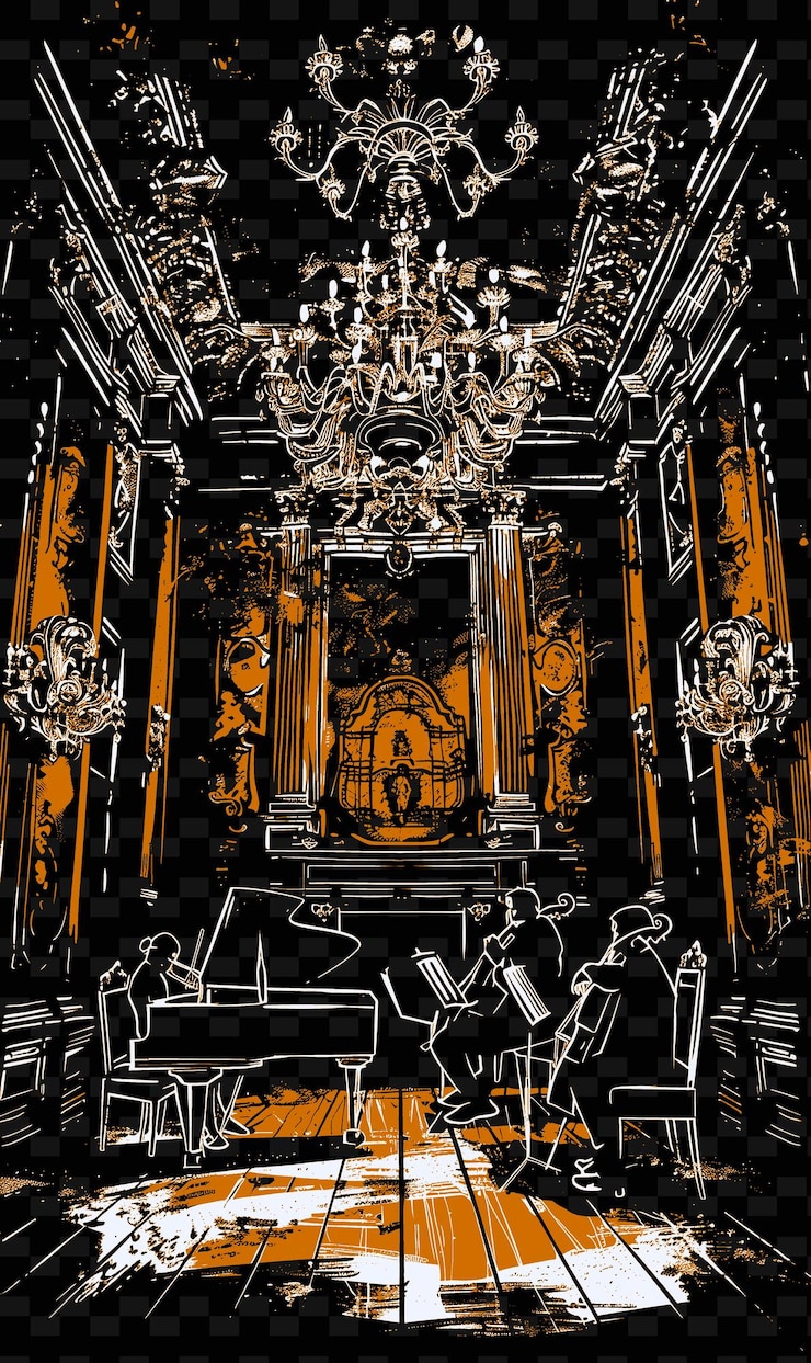 PSD baroque ensemble playing in a palace with frescoes and chand vector illustration music poster idea