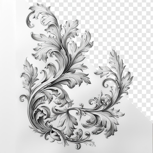 PSD baroque style floral detail branch drawing on transparent background