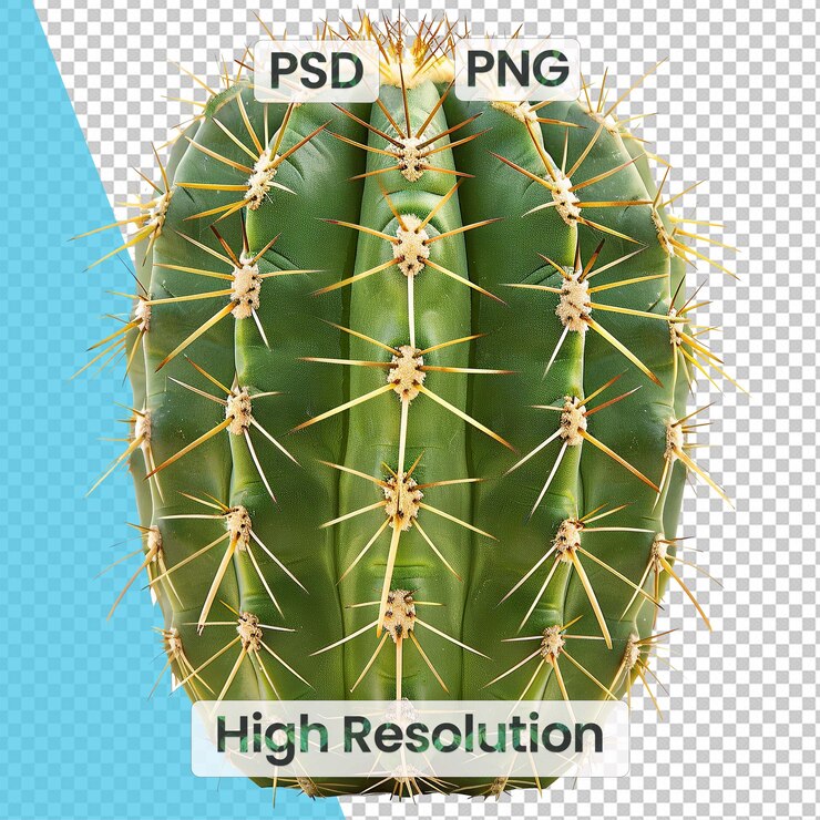 PSD barrel cactus with cylindrical ribbed body and top spines on transparent background