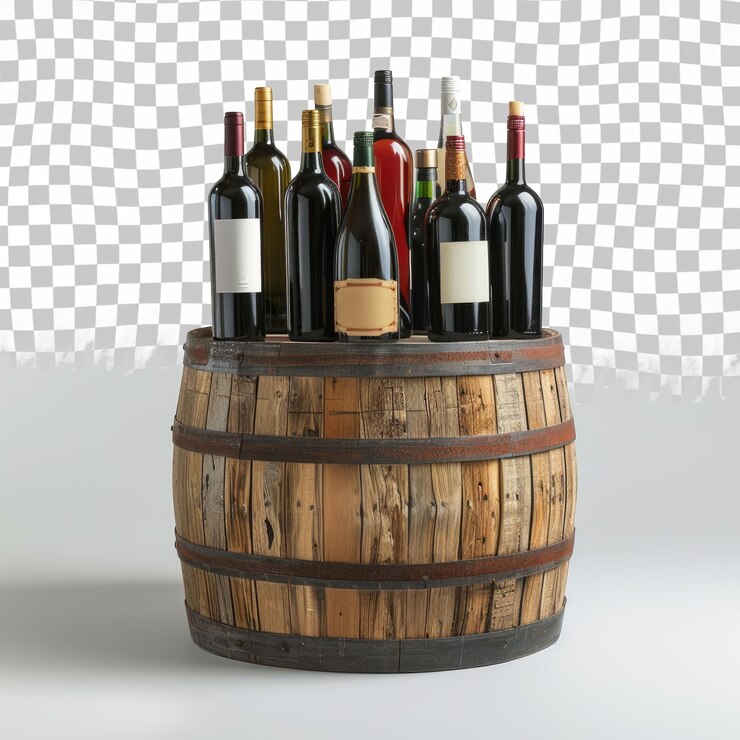 PSD a barrel with a bottle of wine and a bottle of wine