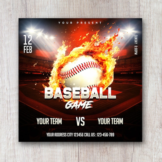 PSD baseball game on fire square flyer psd template