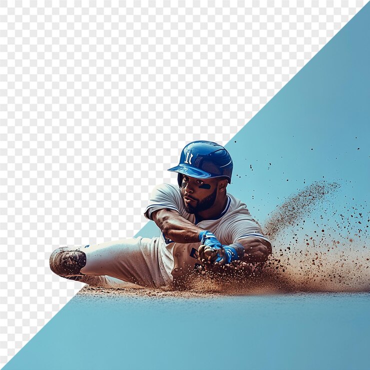PSD a baseball player with a blue helmet on is in the dirt