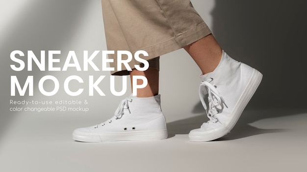 PSD basic white sneakers psd mockup unisex streetwear fashion shoes