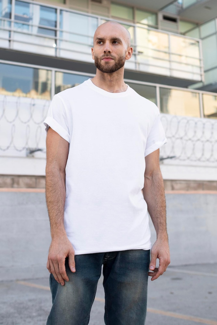PSD basic white tshirt mockup psd men39s fashion apparel outdoor shoot