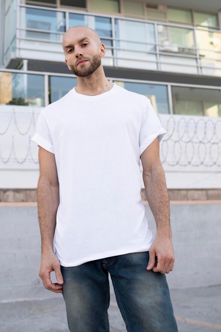 PSD basic white tshirt mockup psd mens fashion apparel outdoor shoot